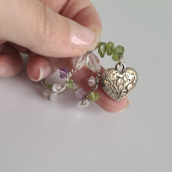 Vintage Sterling Silver Engraved Heart Purple Green Crystal Beaded Necklace - Picture 5 of 9